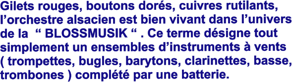 Gilets rouges, boutons dors, cuivres rutilants, lorchestre alsacien est bien vivant dans lunivers de la   BLOSSMUSIK  . Ce terme dsigne tout simplement un ensembles dinstruments  vents ( trompettes, bugles, barytons, clarinettes, basse, trombones ) complt par une batterie.